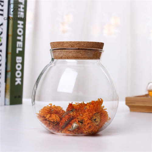 Hand Made Glass Round Bulb Jars with Cork Lid for Coffee Beans Glass Bulb Jars with Cork Glass Jars