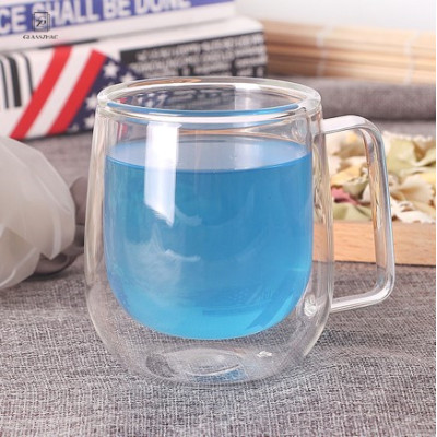 Hand Made Double Wall Glass Beverage Cup  With Handle