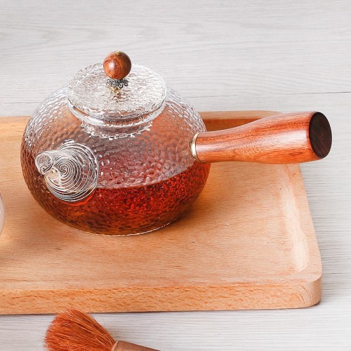 Hot sale!!300ml High Borosilicate Exotic Glass Tea Pot Glass Tea Set Glass Pot With Wooden Handle Infuser Teapot Customized Logo
