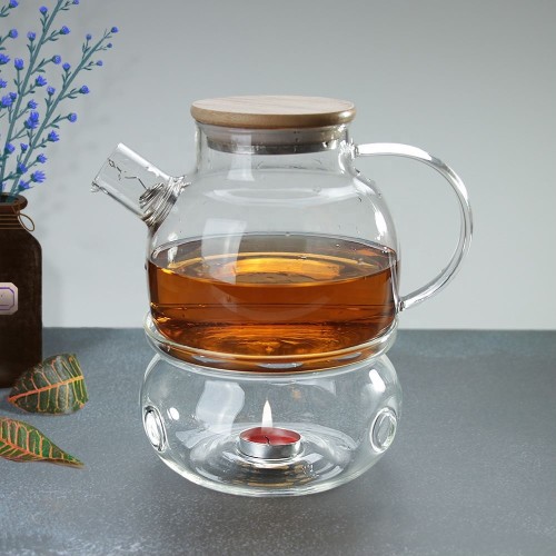 CnGlass Glass Tea Pot Tea Maker Heat Resistant  Borosilicate Teapot With Candle Heating And Bamboo Lid For Loose Leaf Tea