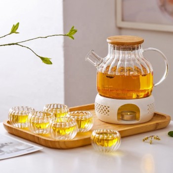 Bamboo Lid Glass Tea Pot and Cup Set Heat Resistant Blooming Flowers Glass Tea Set with Tea Warmer