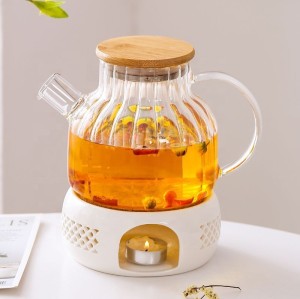 Bamboo Lid Glass Tea Pot and Cup Set Heat Resistant Blooming Flowers Glass Tea Set with Tea Warmer