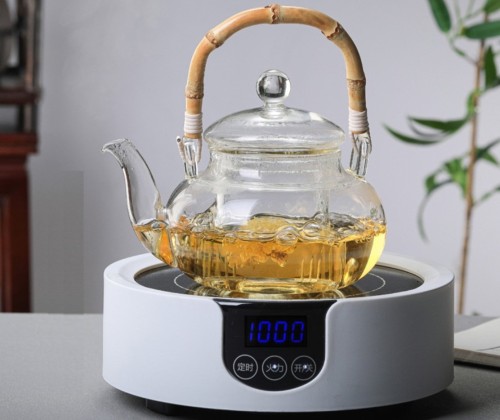 2023 New bamboo lifting handle glass teapot Transparent Manufacturer Bamboo Handle Small Glass Teapot With Infuser