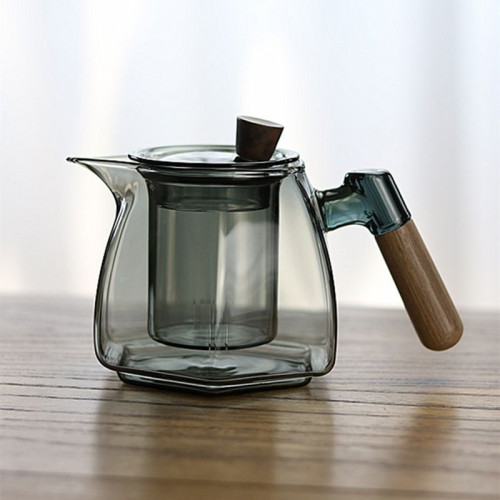 600ml Hexagonal high borosilicate glass flower teapot with wooden handle