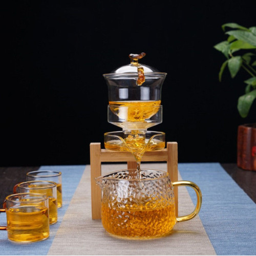 38Years Factory Retro Style High Borosilicate Glass Tea Pot Set Wooden Stand Automatic Glass Tea