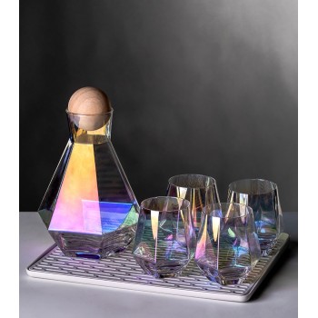Diamond Crystal Glass Carafe Water Kettle Jug with Wood Ball Lid and Cups