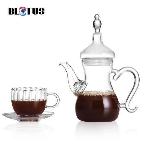 Handmade customized high borosilicate glass teapot morocco tea pot Kuwait teapots tea kettle with tea cup For Stovetop Safe