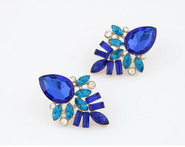 Vintage Golden Plated Trendy Blue Gem Stud Earrings For Women Party Jewelry