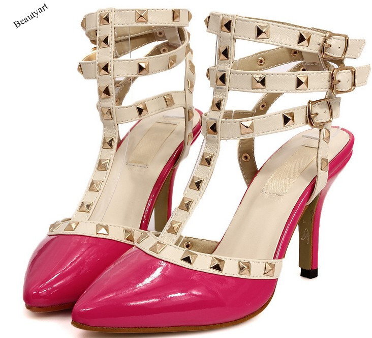 women's high heel belt with rivets pumps the wedding summer shoes