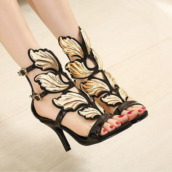 sexy high heels women gold leaf wedges shoes wing plat pumps flame sandals