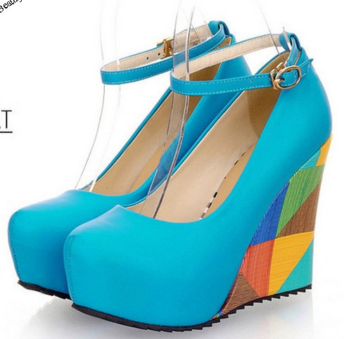 2014 fashion sexy wedges high heels pumps for women PU leather sandals peep toe shoes