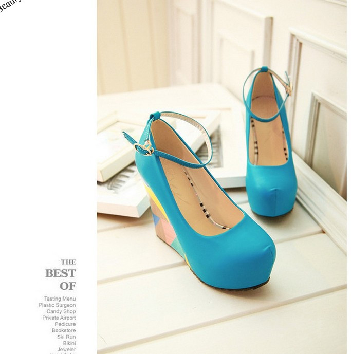 2014 fashion sexy wedges high heels pumps for women PU leather sandals peep toe shoes