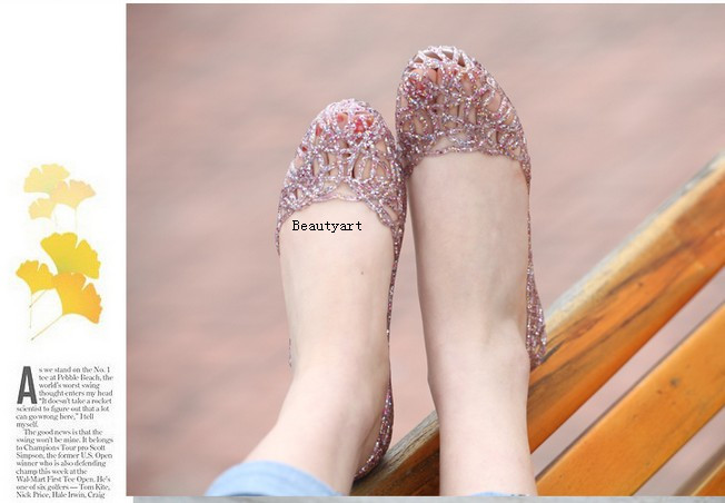 2014 summer breathable crystal bling plastic jelly shoes cutout flat heel bird nest mesh bird nest female flat sandals