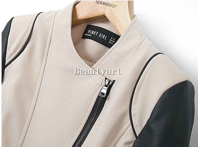 Women Collarless Long sleeve zipper pockets PU Leather Contrast color jacket