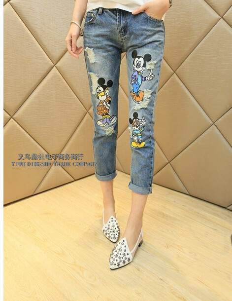 New Cartoon Mickey Mouse Ripped Summer Cute Capris Jeans Trousers jeans