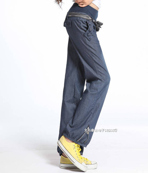 new loose denim women pants with belt wide leg jeans bloomers elastic waist bow trousers JH-KZ-041