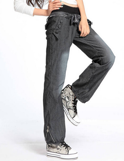 new loose denim women pants with belt wide leg jeans bloomers elastic waist bow trousers JH-KZ-041