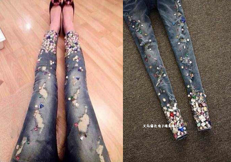 Embroidered Flares Hole Skinny Jeans women's jeans Pencil Pants feminino denim Trousers JH-KZ-039