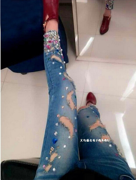 Embroidered Flares Hole Skinny Jeans women's jeans Pencil Pants feminino denim Trousers JH-KZ-039