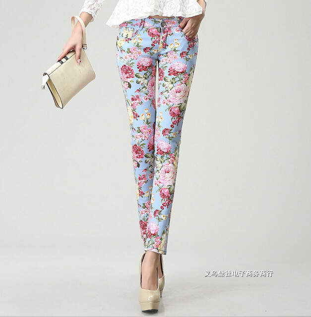 2014 Fashion Vintage Stretch Pencil Jeans With Flowers Patterns Fitness Womens Skinny Denim Pants JH-KZ-033