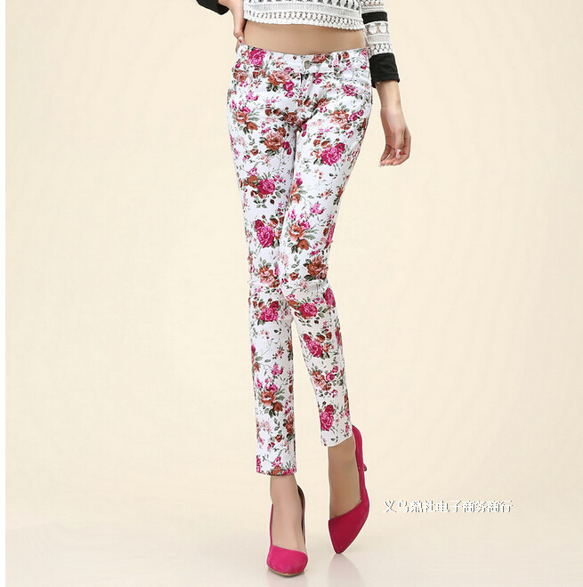 2014 Fashion Vintage Stretch Pencil Jeans With Flowers Patterns Fitness Womens Skinny Denim Pants JH-KZ-033
