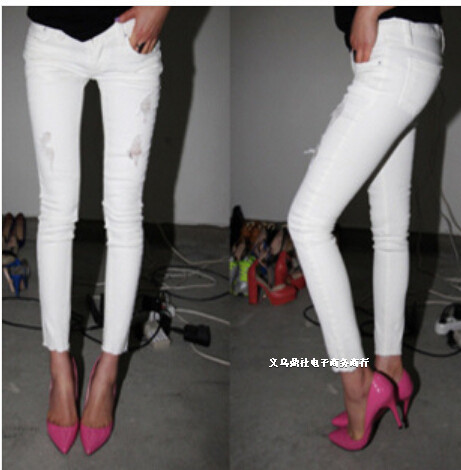 women casual jeans fashion skinny zipper fly girl's white color capris jeans JH-KZ-040