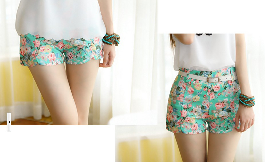 2014 summer new women trousers high waist shorts national wind retro fresh floral shorts free belt