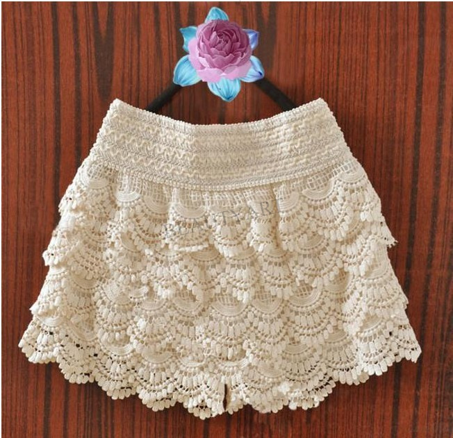 Women's multi-layer lace cutout crochet shorts solid color sexy safety pants basic skirt