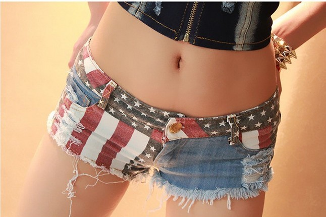 Sexy Star Stripe American US Flag Print Mini Jeans Shorts Summer Denim Low Waist Casual Hot Girl Shorts