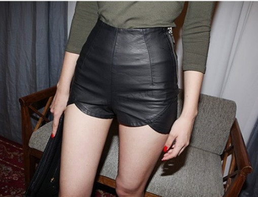 South Korea stylenanda side zipper design wave lace bottom hot pants shorts PU leather pants