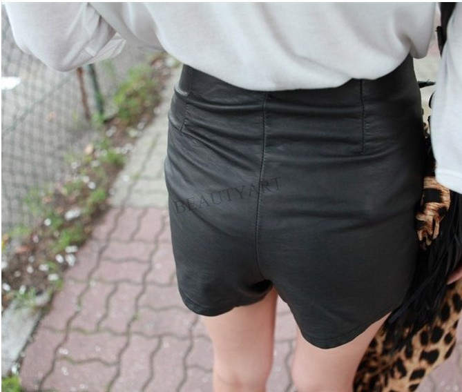 South Korea stylenanda side zipper design wave lace bottom hot pants shorts PU leather pants