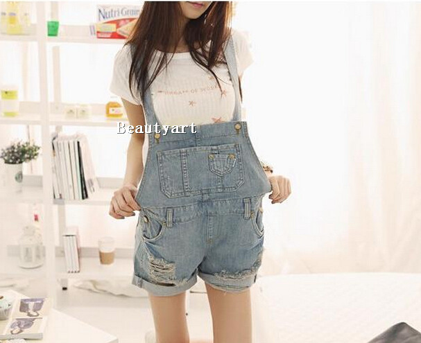 Women Girl Washed Jeans Denim Casual Hole Jumpsuit Romper Overall pants