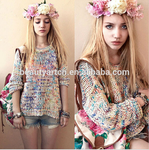Trendy Mixed Color Loose Sweater Women Vintage Rainbow Knitted Sweater JH-SW-015
