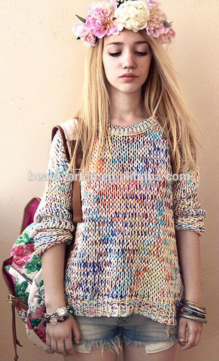 Trendy Mixed Color Loose Sweater Women Vintage Rainbow Knitted Sweater JH-SW-015