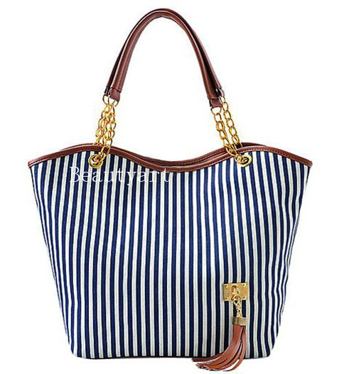women's handbag stripe canvas bag chain tassel hangings handbag