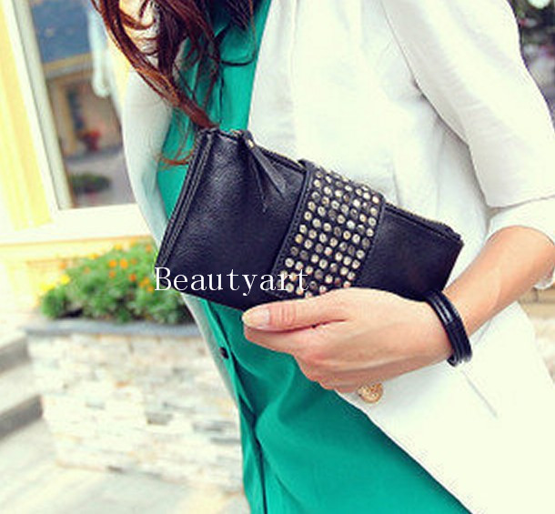 Women Korean Style PU Leather Handbag Rivet Lady Clutch Purse Wallet
