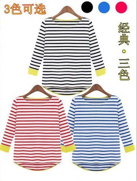 2014 NEW Korean women bottoming shirt blouse Navy dovetail striped T-shirt