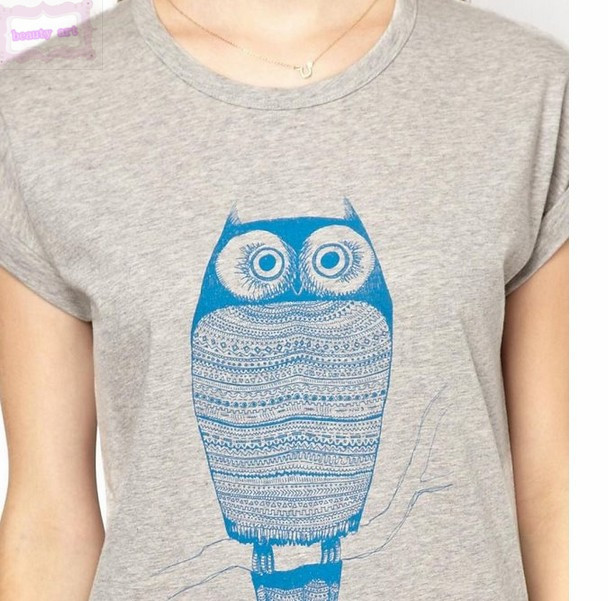 2014 new European and American style popular Grey Owl printed T-Shirt Tees women blouse new arrival tops