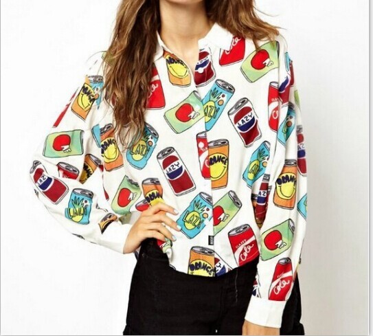 2014 New long sleeve tops personality can printed loose blouse creative t shirt