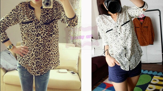 2014 New Arrival Sexy Leopard Print Summer long sleeve Shirt Top Button Down Blouse drop ship