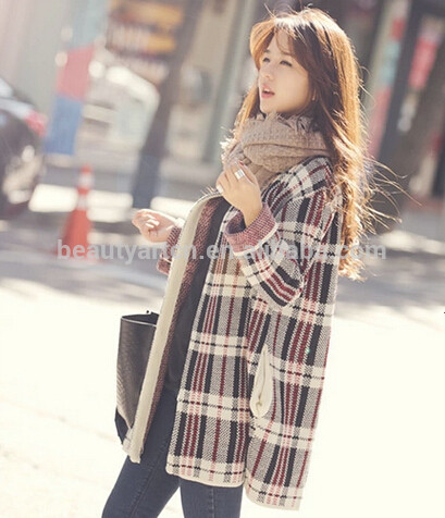 Fashion Plaid Pattern Winter Cardigan Knitted Sweater Women Casual coat JH-SW-058