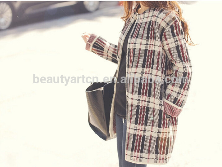 Fashion Plaid Pattern Winter Cardigan Knitted Sweater Women Casual coat JH-SW-058