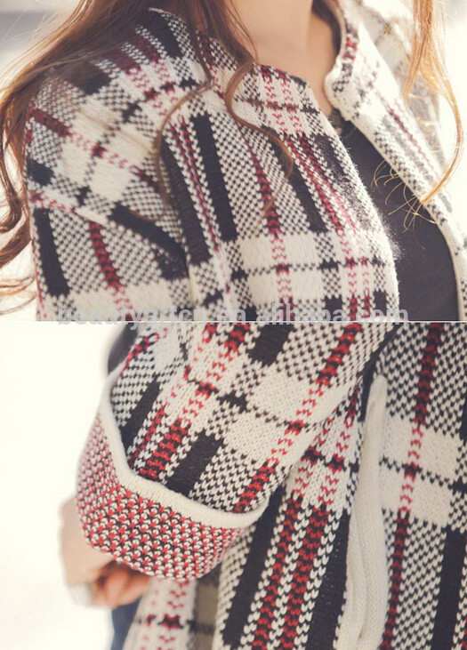 Fashion Plaid Pattern Winter Cardigan Knitted Sweater Women Casual coat JH-SW-058