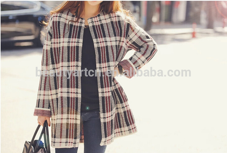 Fashion Plaid Pattern Winter Cardigan Knitted Sweater Women Casual coat JH-SW-058