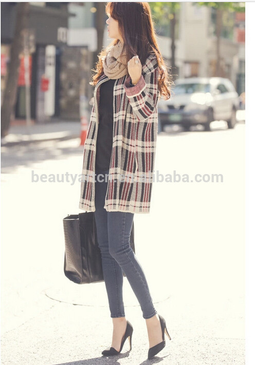 Fashion Plaid Pattern Winter Cardigan Knitted Sweater Women Casual coat JH-SW-058