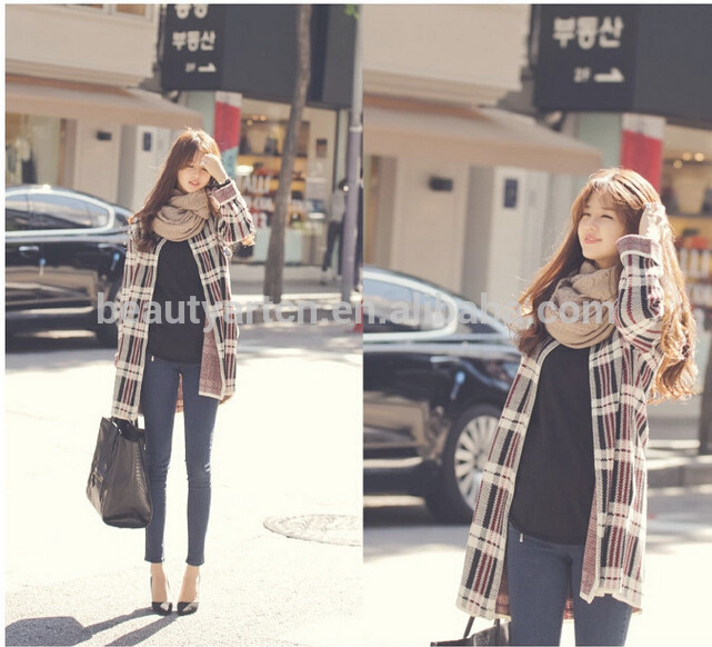 Fashion Plaid Pattern Winter Cardigan Knitted Sweater Women Casual coat JH-SW-058