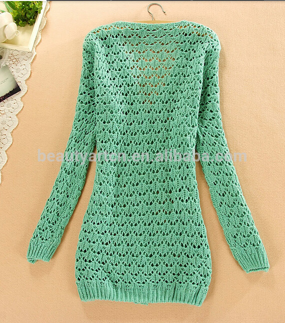 New Pure Color Bow Hollow Cardigan Sweater Shirt Women Crochet Knitting Blouse JH-SW-057