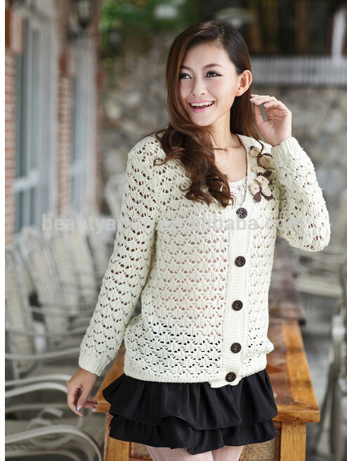 New Pure Color Bow Hollow Cardigan Sweater Shirt Women Crochet Knitting Blouse JH-SW-057
