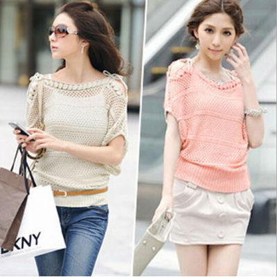 women strapless short-sleeve shirt batwing sleeve sweater cutout loose pullover JH-SW-056