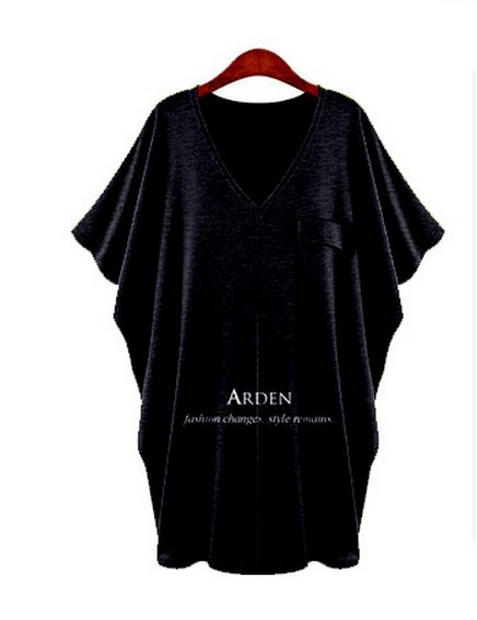 2014 women's dress solid color V -neck single pocket loose bat sleeve T-shirt plus size